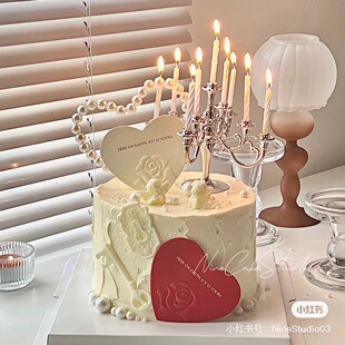 情人节珍珠爱心卡片表白蛋糕复古烛台插件 饰 网红浪漫烛台蛋糕装