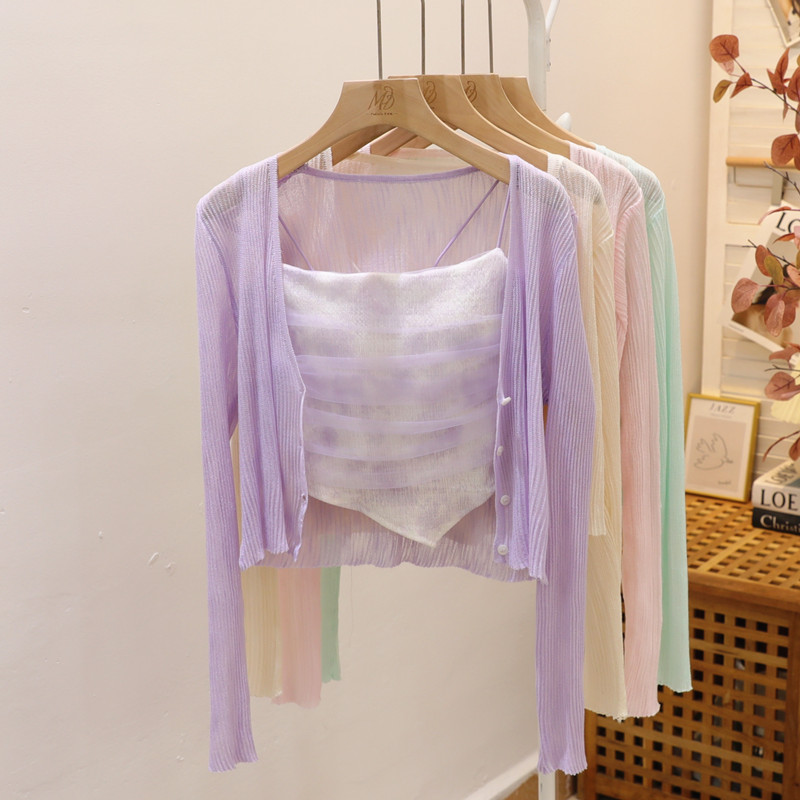 纯欲紫色吊带加开衫 两件套女夏季 温柔风小清新外搭上衣 小个子短款