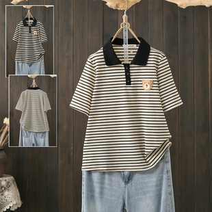 夏季 Polo领条纹短袖 200斤ins韩版 t恤设计感小众刺绣减龄上衣 大码