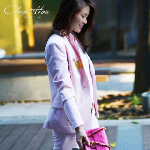Cloyehou设计师女装 韩版 外套短款 chic气质休闲西服樱花粉 秋小西装