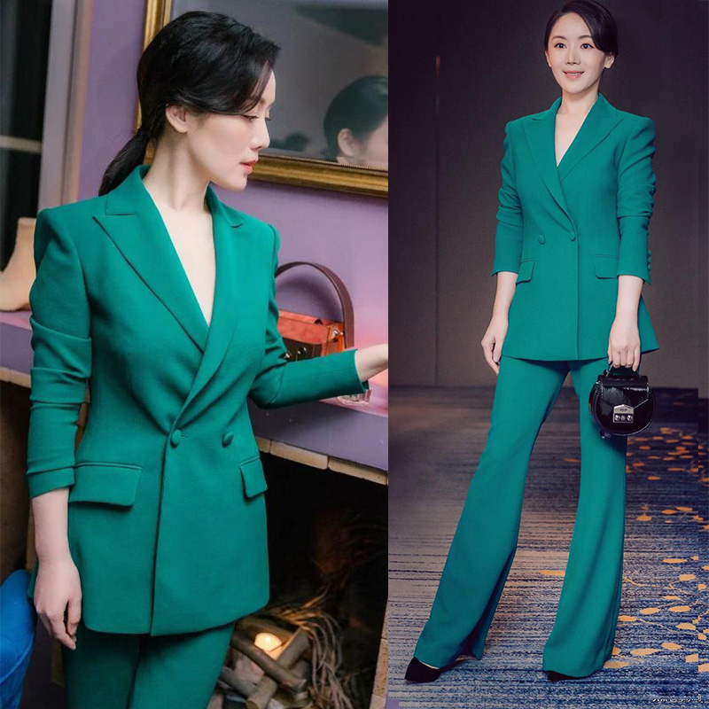 西服英伦气质两件套chic绿色外套 女韩版 时尚 休闲职业装 套装 西装