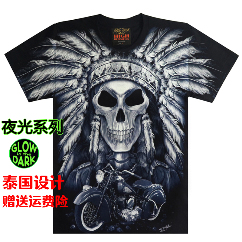 泰国进口潮牌男士 短袖 印第安酋长骷髅哈雷机车摩托T恤夜光潮 T恤