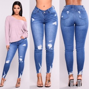 trousers女裤 women jeans ripped pants elastic ladies fashion