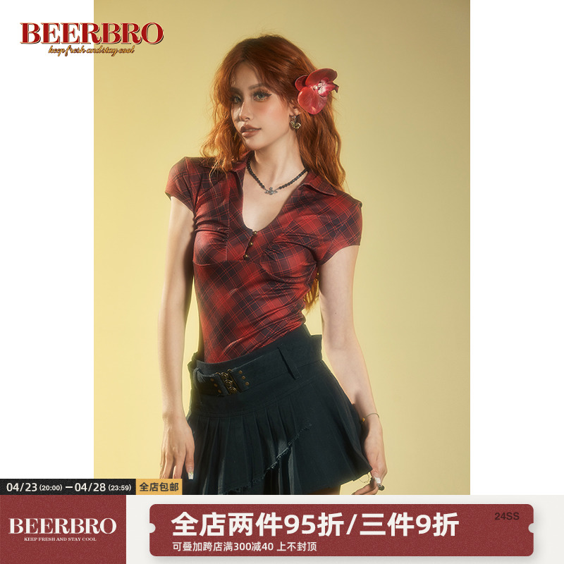 辣妹V领格子短袖 针织衫 牛奶丝面料紧身显瘦上衣新款 美式 BeerBro