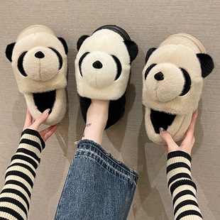 新款 可爱熊猫家居室内厚底包跟毛绒保暖防滑棉鞋 女冬季 外穿 棉拖鞋