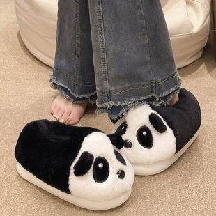 新款 卡通熊猫室内外穿防滑厚底可爱包跟毛绒保暖棉鞋 女冬季 棉拖鞋