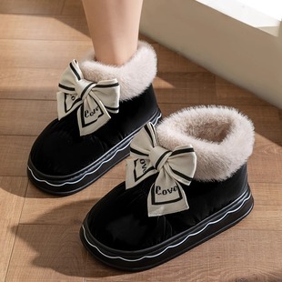 蝴蝶结防水棉拖鞋 女士冬季 室内外穿保暖加绒包跟厚底防滑高帮棉鞋