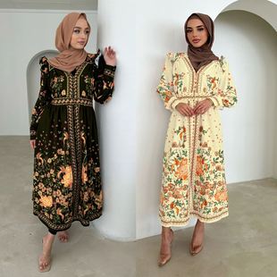 新款 连衣裙亚马逊速卖通热卖 中东迪拜印花长袖 长袍 跨境Muslim女装
