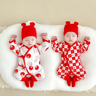 睡衣百天周岁宴礼服 满月婴儿衣服新生红色纯棉无骨连体衣宝宝四季