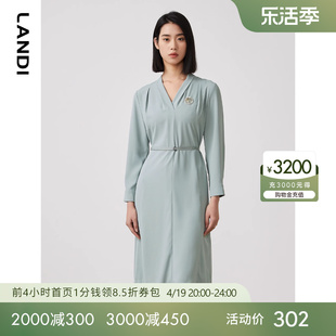 LANDI蓝地V领长袖 法式 新款 小个子收腰雪纺裙子 连衣裙女2023年春季