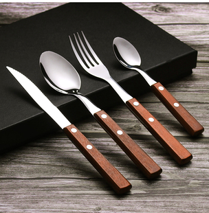 家用西餐餐具不锈钢木柄勺子精致主餐叉汤甜品勺 牛排刀叉套装 西式