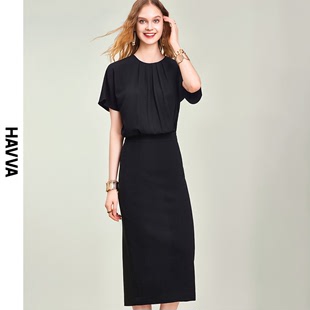 HAVVA2024夏季 修身 黑色连衣裙女气质中长款 裙子一步裙Q2282 新款