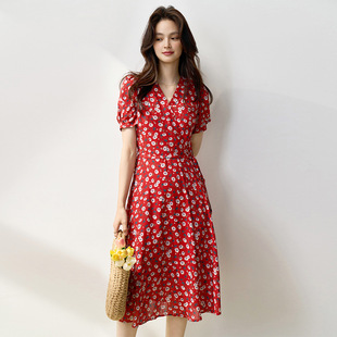 法式 新款 茶歇裙夏季 系带大摆裙连衣裙 复古暗红雪纺小碎花泡泡袖