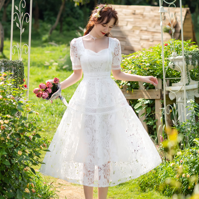 中长裙 蕾丝连衣裙韩版 修身 显瘦白色超仙气质森系法式 新款 2024夏装