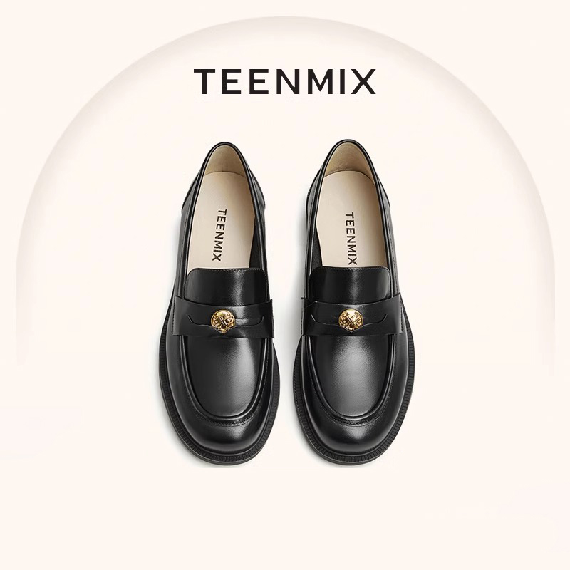 Teenmix 英伦风一脚蹬女鞋 黑色平底乐福鞋 CXC12AA3 天美意春夏新款