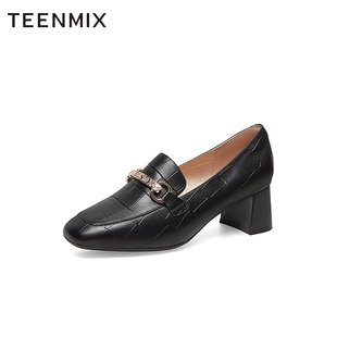 Teenmix 石头纹粗高跟女皮单鞋 商场同款 BF621AA3 天美意春新款