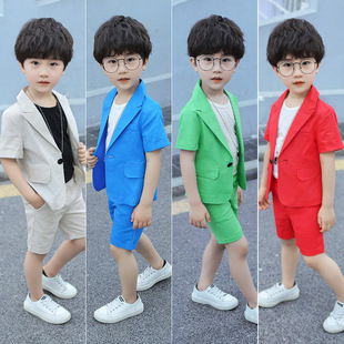 棉麻夏季 主持人演出小西服 套男童装 周岁礼服花童洋气韩版 儿童西装
