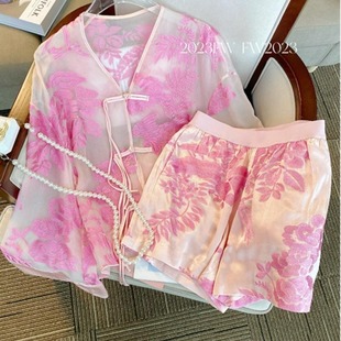 小个子夏装 新中式 搭配短裤 国风女装 2024新款 套装 粉色盘扣防晒衬衫