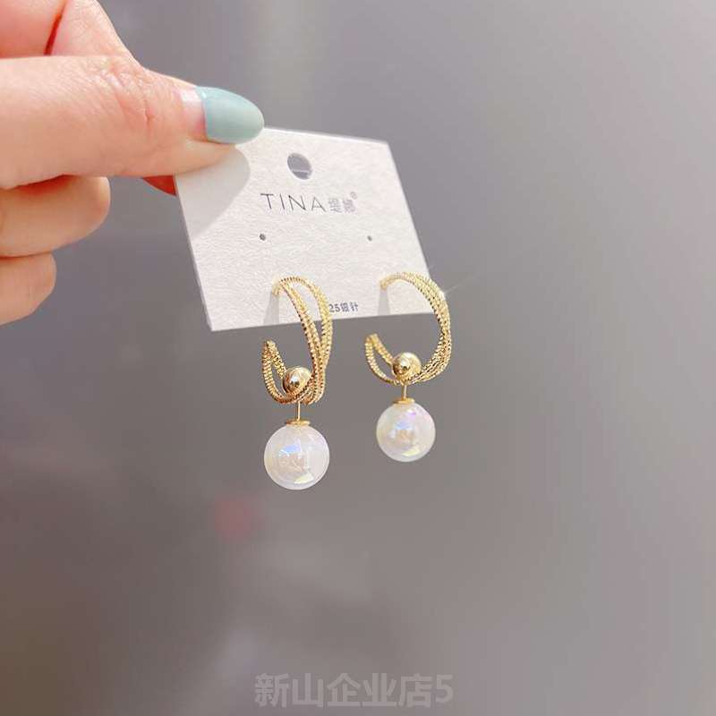 2件 韩国气质简约网红C型耳圈女珍珠一式 925银针 三戴耳环WR 包邮