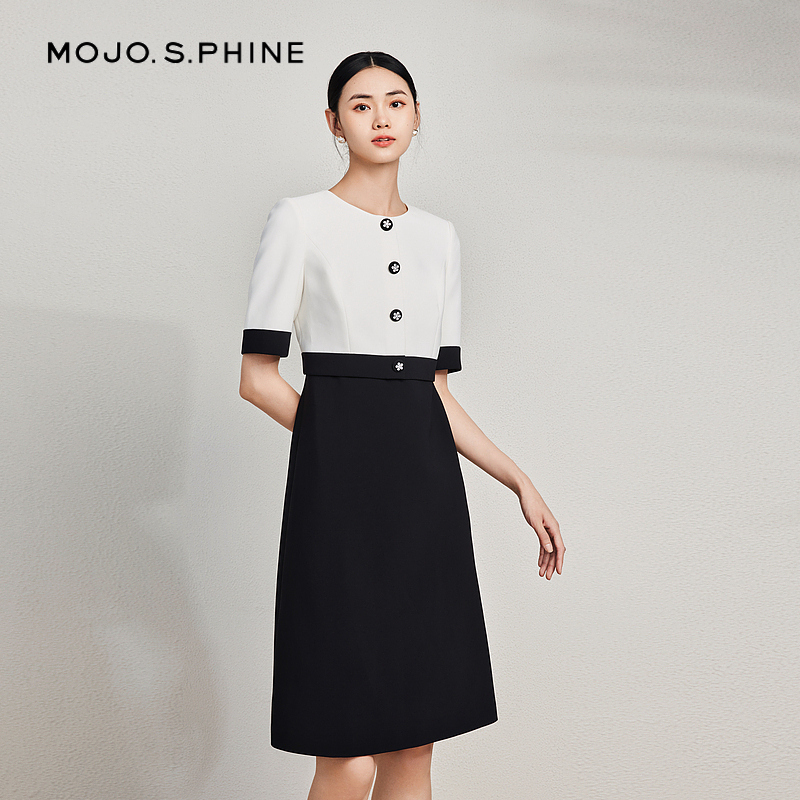 MOJO 高腰线黑白撞色连衣裙2024年春季 假两件设计感A字下摆裙 新款