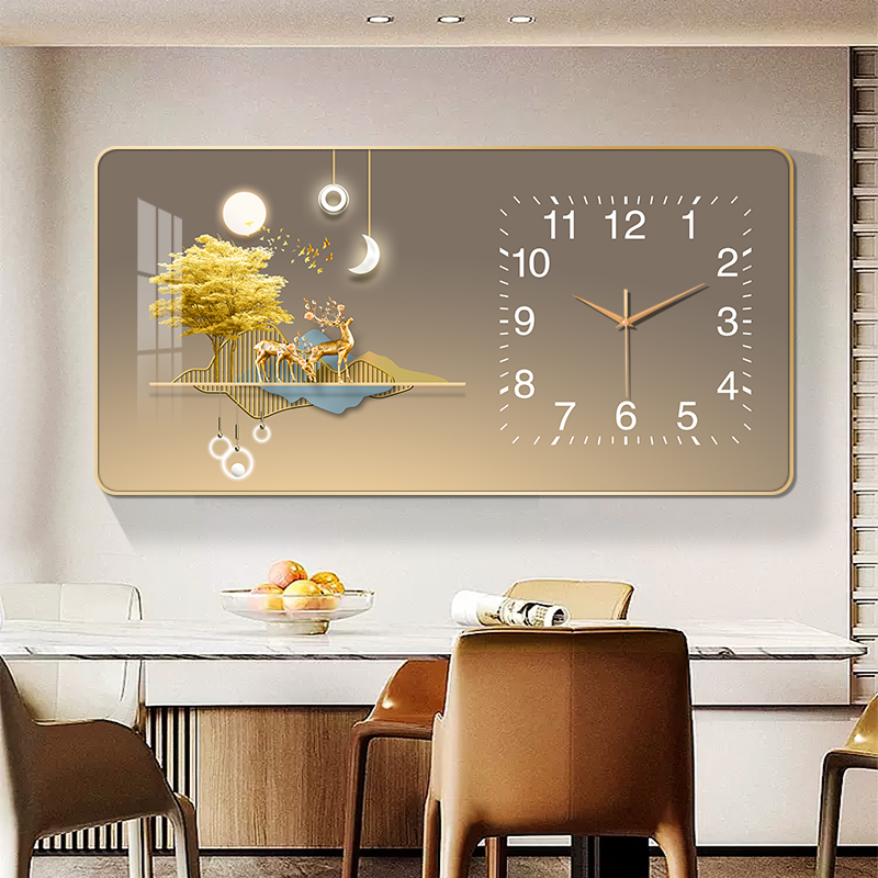 饰画沙发背景墙餐厅长方形万年历时钟晶瓷挂钟 轻奢创意挂钟客厅装