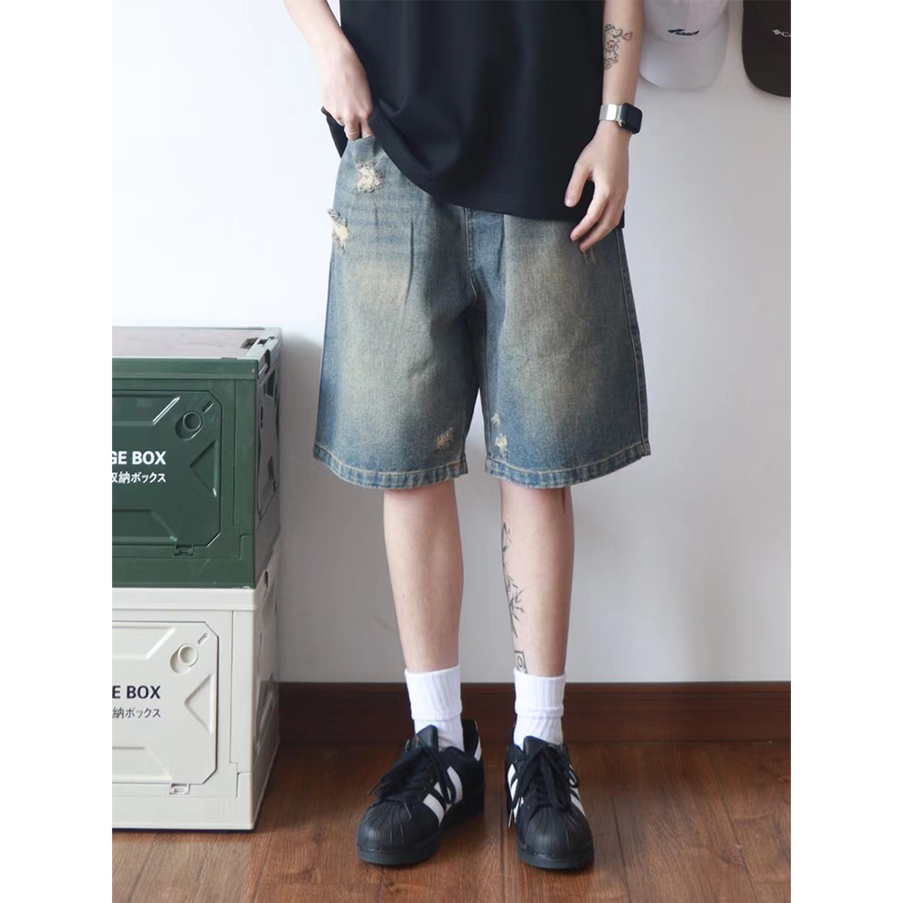破洞设计经典 siiiend 男 五分裤 美式 夏季 复古做旧水洗牛仔直筒短裤