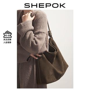 SHEPOK原创轻奢复古女包2023秋冬新款 头层麂皮大容量托特包单肩包