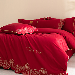 100支贡缎长绒棉结婚庆四件套2.0m床上用品婚礼大红色 美罗新中式