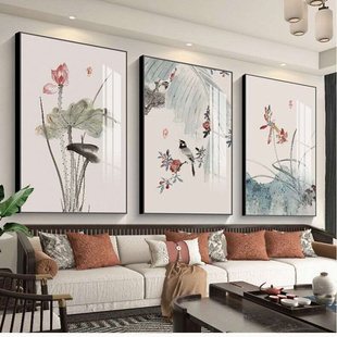 家和富贵 沙发背景墙挂画高档壁画中国风景画竖版 客厅三联画中式