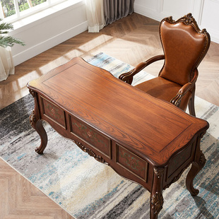 棕色美式 电脑桌书桌欧式 笔记本办公桌书房写字台书房 实木家用台式