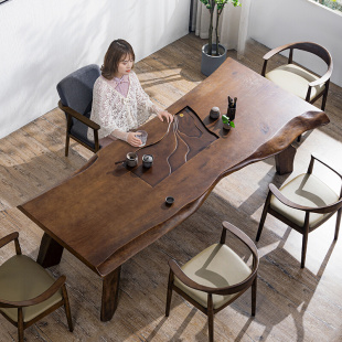 胡桃色实木大板茶桌椅组合办公室荼桌茶台带茶盘一体整板原木桌子