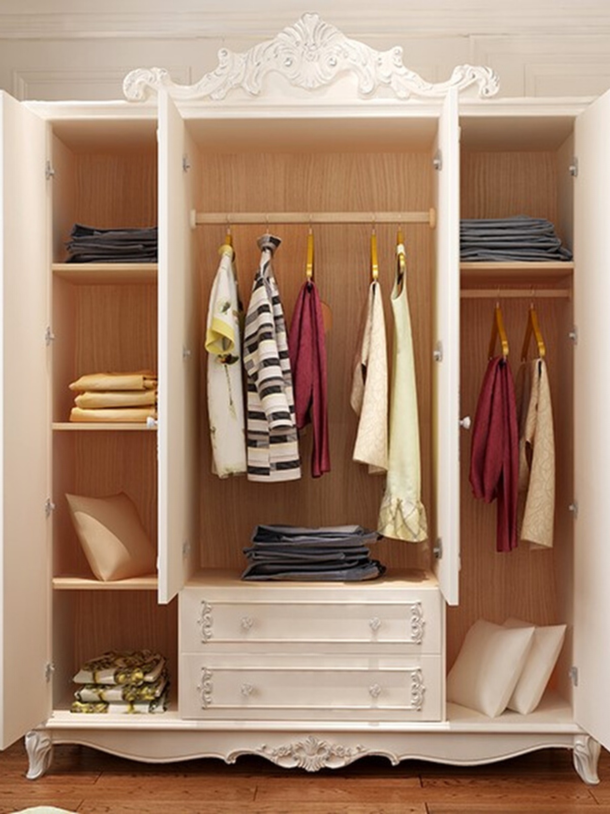 衣柜卧室三四五门组合收纳柜经济型推拉门白色实木大衣橱新 品欧式
