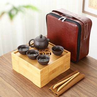 正方形竹茶盘收纳盒一壶4杯紫砂壶舍得泡茶室外 小型便携茶具套装