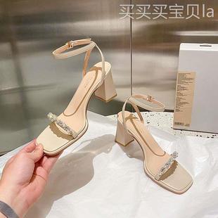 不灵不灵 2023年新款 网红高跟鞋 迷逑 一字带粗跟凉鞋 仙女风法式