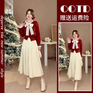 深冬装 搭配一整套今年流行漂亮圣诞过年红色毛衣半身裙子套装 女装