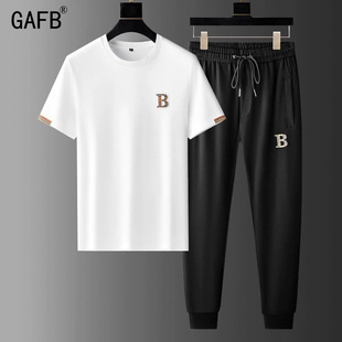 T恤冰丝长裤 两件套 男夏季 薄款 GAFB高端休闲运动套装 高档透气短袖