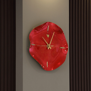 饰墙壁钟表挂表高端 中国红色高档艺术荷叶时钟挂钟客厅背景墙面装