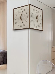饰两面 双面挂钟客厅拐角钟表家用现代简约大气静音实木时钟装 新品