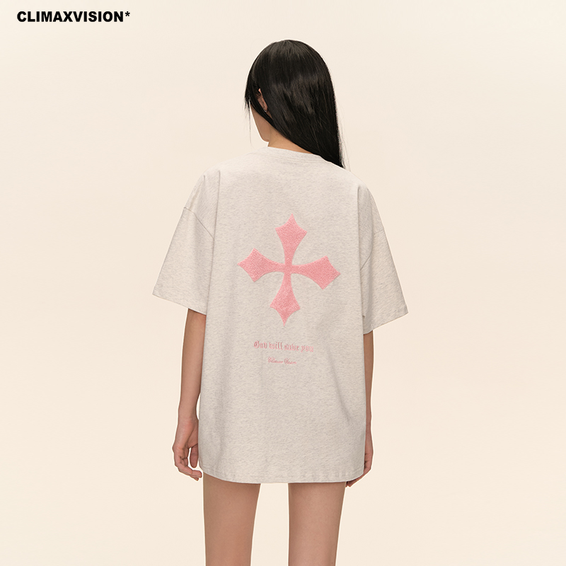 CLIMAX VISION260克纯棉毛巾绣十字架宽松休闲短袖 情侣tee T恤美式