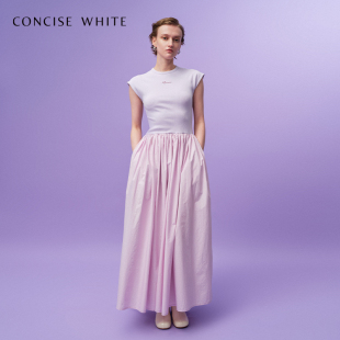 concise white 气质拼接连衣裙长裙收腰弹性连衣裙 简白白色法式