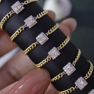 18K金镶嵌古巴软链条女公主方钻石戒指围边镶嵌自由抽拉调节 新款