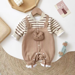 超萌韩系婴儿服装 宝宝衣服套装 连体衣外穿韩式 男孩 假两件套春秋款