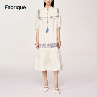Fabrique 可拆卸方领刺绣连衣裙2023夏季 长裙海军领连衣裙女 新款
