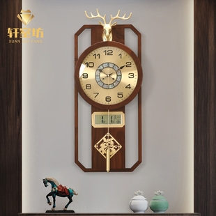 饰壁钟静音石英钟 黄铜挂钟家用客厅表挂墙中国风实木创意装 新中式