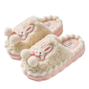 秋冬季 月子保暖室内家居厚底毛毛拖鞋 女士2023新款 可爱兔子棉拖鞋
