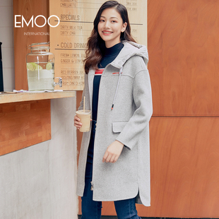 EMOO杨门女装 秋冬双面羊绒大衣中长款 毛呢 连帽双面呢宽松外套韩版