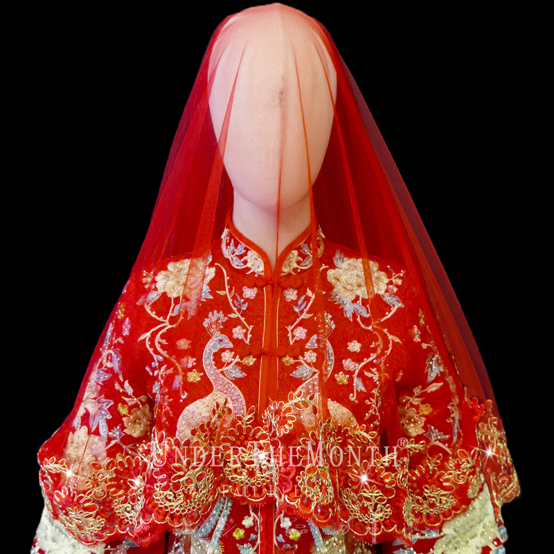 新娘结婚红色婚纱头纱中国红复古喜庆红盖头秀禾蕾丝绣花头纱头饰