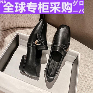 日本新款 白色真皮加绒穆勒鞋 女2022新款 香港软皮粗跟单鞋