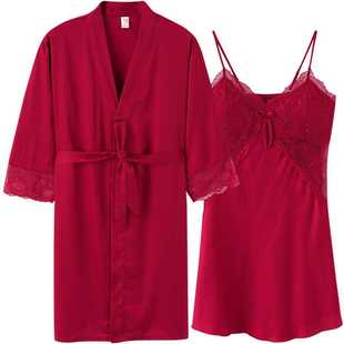 夏季 结婚性感情侣睡衣女冰丝绸睡裙睡袍新婚红色婚庆男士 短袖 套装