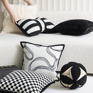 黑白现代简约轻奢风高级感抱枕沙发抱枕套北欧棋盘格几何线条靠垫